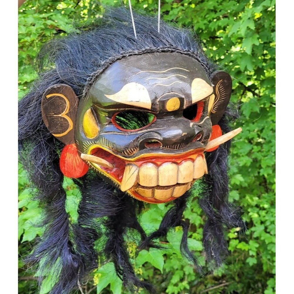 Vintage Bali Rangda Barong Mask Halloween Tribal Wood Paint Horse Hair Festival